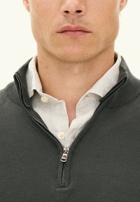 Mörkgrön zip-up tröja med hög krage, försedd med en silvrig dragkedja. Lagt över en ljusfärgad knäppt linne skjorta.