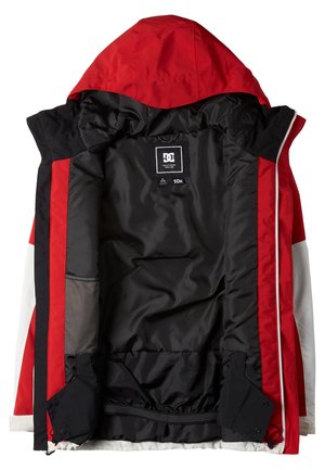 Red and black insulated jacket interior with mesh pockets, adjustable cuffs, and a logo tag. Smooth texture with a waterproof rating of 10k.