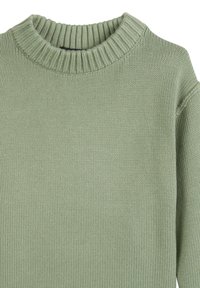 Gebreide trui in lichtgroen, met een geribde halslijn en een gladde textuur. Eenvoudig ontwerp met lange mouwen en naadloze schouders.