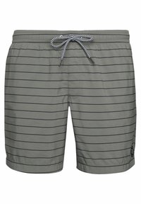 Pantaloni da bagno grigi con strisce orizzontali nere, vita elasticizzata e coulisse. Presenta un'etichetta con logo sul lato inferiore destro.