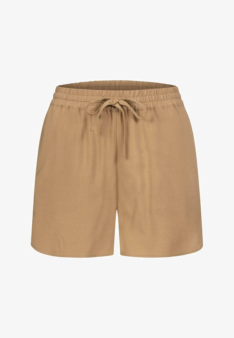 Brūni kokvilnas šorti ar elastīgu jostasvietu un aukliņu. Iespējamais brīvais piegriezums un taisnas kājas dizains. Gluda tekstūra.