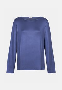 Langarm T-shirt in einer einfarbigen königsblauen Farbe, mit einer glatten, glänzenden Textur und einem weiten, runden Ausschnitt. Einfaches, klassisches Design ohne Verzierungen.