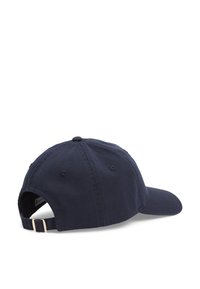 Marineblauwe katoenen honkbalpet met verstelbare band en gouden beslag, zespaneelontwerp, gebogen klep en ventilatieoogjes.