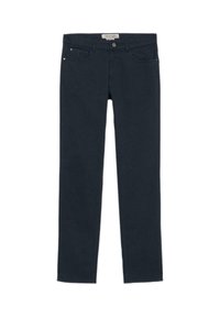 Jeans de mezclilla azul oscuro con un diseño ajustado, que cuentan con cinco bolsillos, un cierre de botón de latón y detalles de costura sutiles.