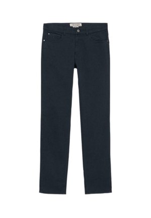 Ciemnoniebieskie dżinsy w dopasowanym kroju, z pięcioma kieszeniami, z mosiężnym zapięciem na guzik i subtelnymi detalami przeszycia.