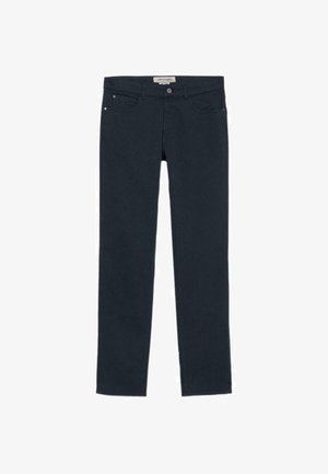 Dunkelblaue Jeans aus Denim mit tailliertem Schnitt, ausgestattet mit fünf Taschen, einem messingfarbenen Knopfverschluss und zarten Stickdetails.