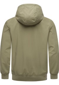 Khaki värvi kapuutsiga jakk, millel on sile tekstuur, elastsed mansetid ja sobiv helk. Selg on tavaline, ilma täiendavate detailide või mustriteta.