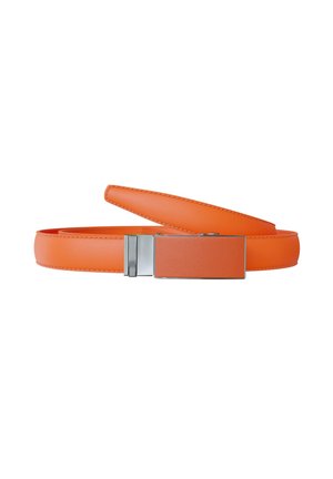 Orange leather belt with rectangular silver and orange buckle, displayed coiled on white background.