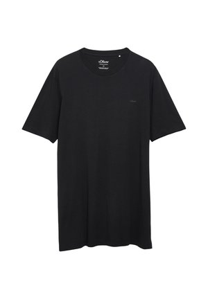 Plain black short-sleeve t-shirt with crew neck and small branding on chest and inside collar, displayed on a white background.