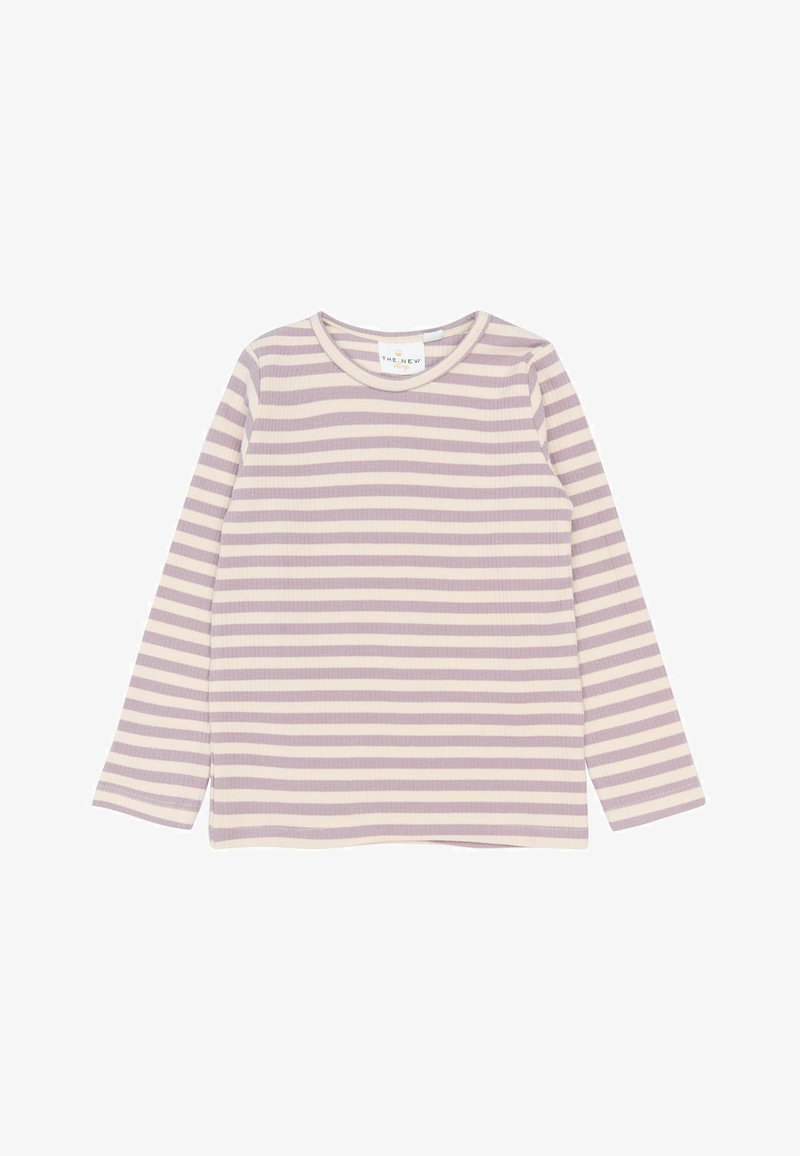 Šviesiai levandų spalvos ilgomis rankovėmis marškinėliai su horizontaliomis baltomis juostelėmis, pasižymintys raukšlėtu tekstūru ir apvalia iškirpte.