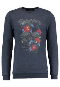 Felpa blu navy realizzata in morbido tessuto, con una grafica di teschio floreale dai colori vivaci, dotata di polsini e orlo a costine.