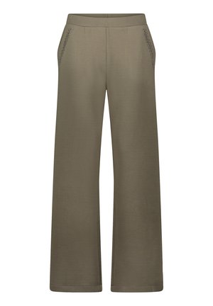 Szerokie spodnie w oliwkowozielonym materiale, z bocznymi kieszeniami ozdobionymi siateczką. Gładka faktura, elastyczny pas i brak widocznych zapięć.