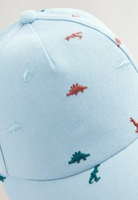 Hellblaues Baseballcap mit gestickten Dinosaurier-Mustern in Grün, Orange und Hellblau, mit Textur und rundem Kappen-Design.