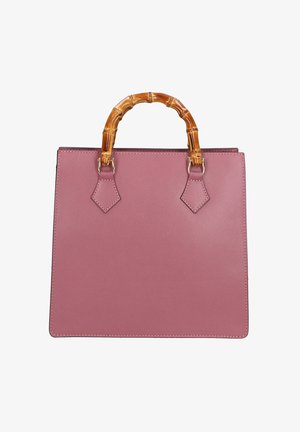 Borsa rettangolare color malva con pelle testurizzata e manici curvi in bambù fissati da ferrature color oro.