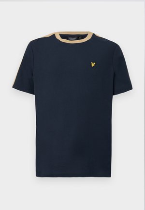 Navy blue t-shirt made of cotton with a round neckline and short sleeves. Features a tan-colored trim and a small gold embroidered logo.