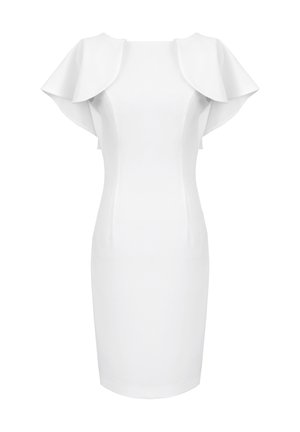Biała dopasowana sukienka z krótkimi, szerokimi falbanami na rękawach, kwadratowym dekoltem i gładką teksturą materiału. Do kolan, o zwężającym się kroju.