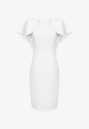 Biała dopasowana sukienka z krótkimi, szerokimi falbanami na rękawach, kwadratowym dekoltem i gładką teksturą materiału. Do kolan, o zwężającym się kroju.