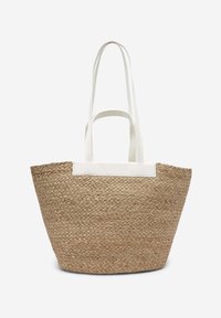 Sac en toile tressée avec bord blanc en cuir et poignées doubles, offrant une longue et une courte sangle pour des options de transport polyvalentes.