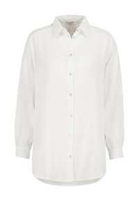 Weiße Hemdbluse mit langen Ärmeln, gefertigt aus strukturiertem Stoff. Verfügt über einen klassischen Kragen und perlmuttartige Knöpfe entlang der Vorderseite.