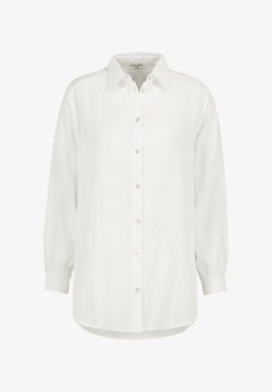 White button-up shirt with long sleeves, made of textured fabric. Features a classic collar and pearlescent buttons along the front.