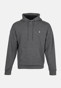 Gray hoodie with a textured, waffle-knit design. Features a front pocket, adjustable drawstring hood, and small embroidered logo.
