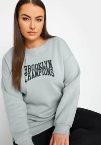 Ljusgrå sweatshirt med texten "BROOKLYN CHAMPIONS" i svarta broderade bokstäver. Den har en avslappnad passform och ribbade muddarna.