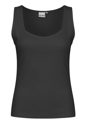 Must have varrukateta must T-särk ruudukujulise kaelusega ja ribakujulise tekstuuriga. Lihtne disain ilma kaunistuste või mustriteta.