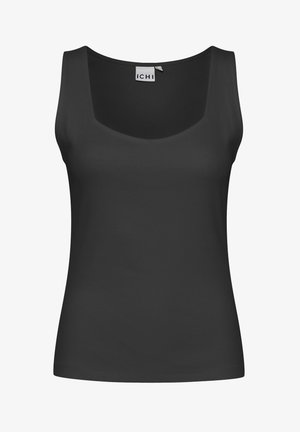 Zwarte mouwloze tanktop met een vierkante halslijn en geribbelde textuur. Eenvoudig ontwerp zonder versieringen of patronen.