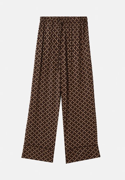Brune vide benbukser med et geometrisk mønster i beige. Har elastisk talje med snørebånd. Letvægtsstof, glat tekstur.