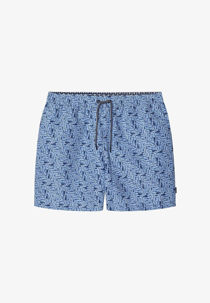 Modré plavky so štruktúrovaným vzorom tmavších modrých tvarov. Elastický pás s čiernym šnúrkovým nastavením.