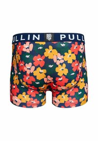 Boxers imprimés floraux avec un fond bleu marine et des fleurs rouges, jaunes et roses ; ceinture élastique avec le logo "PULL IN".