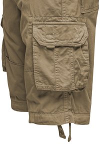 Khaki Cargo-Shorts aus Baumwollmischung mit mehreren großen Taschen, Nähdetails und einem Kordelzug am Saum.