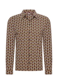 Camisa de manga larga con base burdeos, que presenta un patrón geométrico repetido de formas de hojas en crema y rojo, hecha de una tela ligera.