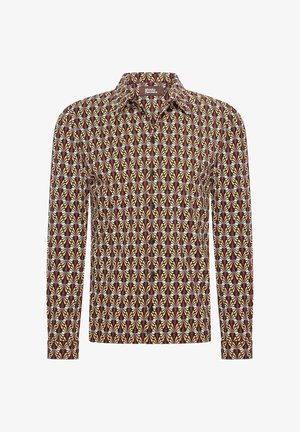 Camicia a maniche lunghe con una base bordeaux, caratterizzata da un motivo geometrico ripetuto di forme a foglia color crema e rosso, realizzata in un tessuto leggero.