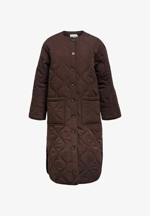 Pikk pruun tikitud mantel ees nupudega, kahe suure ees oleva patch-taskuga ja ümmarguse kaelusega.