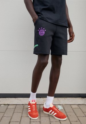 Person wearing black FC Bayern Munich shorts with purple logo and green stripe, white socks, and red Adidas sneakers standing on pavement.
