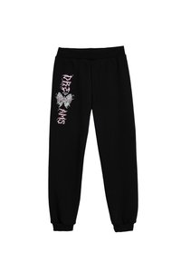 Schwarze Sweatpants aus weichem Material mit einem Schmetterlingsgraphic und pinkem Text auf dem linken Bein. Elastischer Bund und Bündchen.