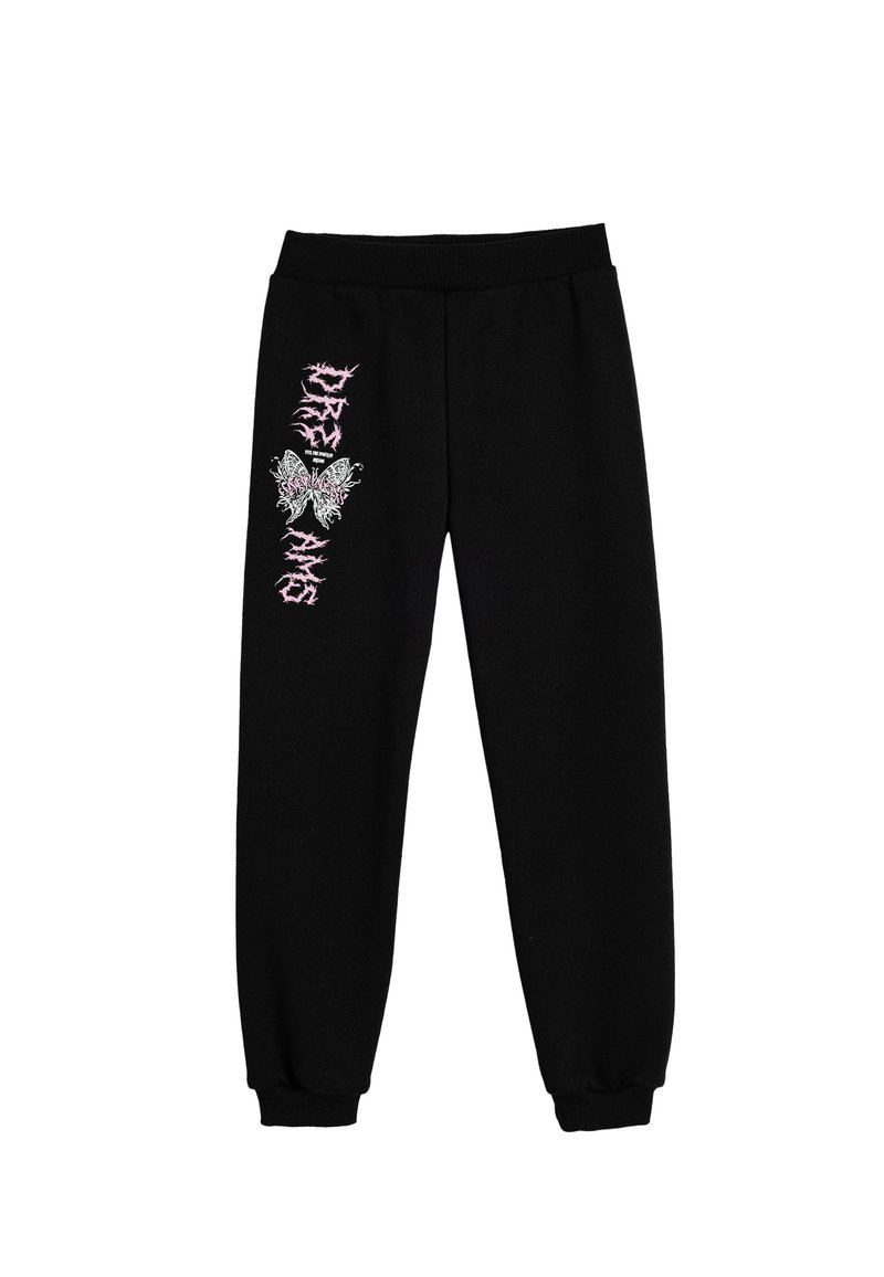 Schwarze Sweatpants aus weichem Material mit einem Schmetterlingsgraphic und pinkem Text auf dem linken Bein. Elastischer Bund und Bündchen.