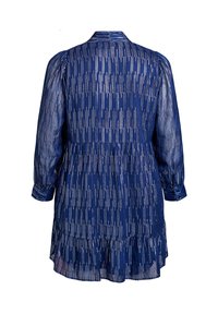 Abito blu navy con maniche lunghe in tulle, orlo arricciato e motivo a righe verticali. Presenta un colletto e polsini con bottoni.
