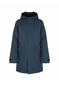 Parka de color verde oscuro con capucha, que presenta un cierre frontal con cremallera, bolsillos laterales y puños ajustables. Diseñada con material resistente al agua.