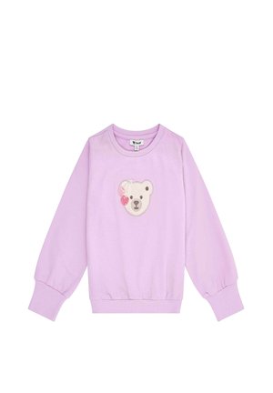 Light purple sweatshirt with long puffed sleeves and a round neck, featuring a bear face appliqué with a cherry accent on the front.