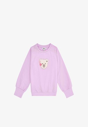 Light purple sweatshirt with long puffed sleeves and a round neck, featuring a bear face appliqué with a cherry accent on the front.
