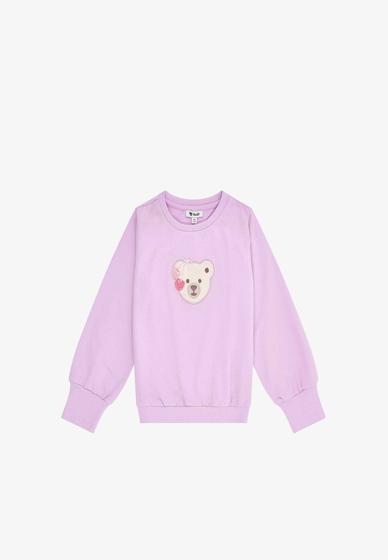 Sweat-shirt violet clair avec manches longues bouffantes et col rond, avec une application de visage d'ours accentuée d'une cerise sur le devant.