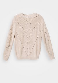 Pull beige en maille présentant un motif texturé avec des mailles ajourées, un col rond et des manches longues avec des détails soignés.