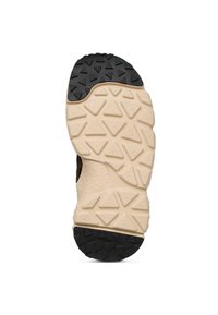 Suola di scarpa in gomma con una intersuola beige e una suola esterna nera testurizzata con motivi triangolari per aderenza e stabilità.