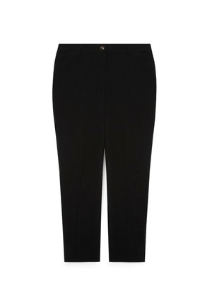 Sorte skræddersyede ankellange bukser med forlommer, bæltestropper og en enkelt knaplukning i taljen.