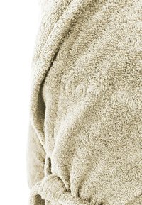 Bademantel aus Frottee in hellbeige mit einem Gürtel in der Taille. Bietet eine strukturierte Oberfläche und dezente Stickdetails.