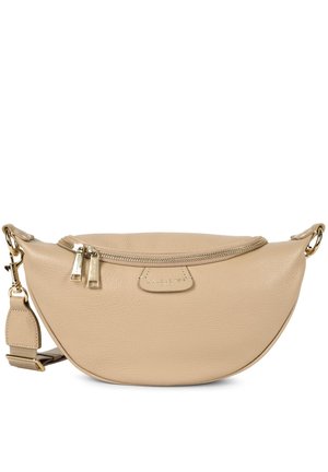 Borsa in pelle beige con forma arrotondata, apertura con zip e dettagli in tono oro. Presenta una tracolla rimovibile e un piccolo patch con logo.