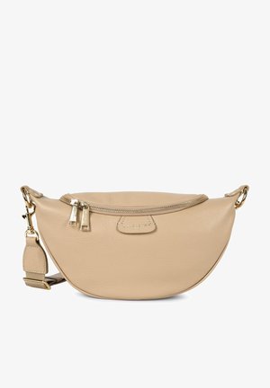 Beige leren tas met een ronde vorm, een ritssluiting aan de bovenkant en goudkleurige hardware. Voorzien van een afneembare schouderband en een klein logo label.