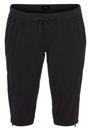 Black capri pants with a drawstring waist, side pockets, and elastic cuffs. Features a soft fabric texture and angled seams for a relaxed fit.